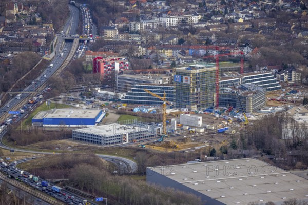 Aerial view, new construction ALDI-Nord Campus, Eckenbergstraße / Am Luftschacht, Essen-Kray, Essen, Ruhr area, North Rhine-Westphalia, Germany, construction work, construction area, building site, building plots, construction crane, construction measure, construction project, construction site, Buderus branch Essen - Bosch Thermotechnik, DE, development, Europe, commercial enterprises, commercial area, commercial park, commercial site, commercial use, industrial site, capacity requirement, aerial view, aerial photography, aerial photography, new construction, overview, bird's-eye view, overview