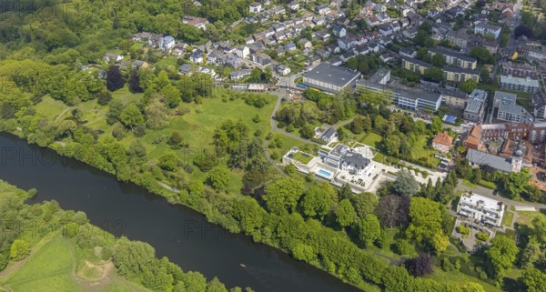 Aerial view, Villa Scheidt am Leinpfad, river Ruhr, Theodor-Heuss-Gymnasium, catholic parish church St. Peter, Kettwig, Essen, Ruhr area, North Rhine-Westphalia, Germany, place of worship, education, educational institution, DE, Europe, religious community, house of worship, grammar school, holy place, church, parish, denomination, educational institute, aerial view, aerial photography, aerial photography, park, religion, religious site, school, cloth factory, overview, villa, bird's-eye view, bird's-eye view, overview