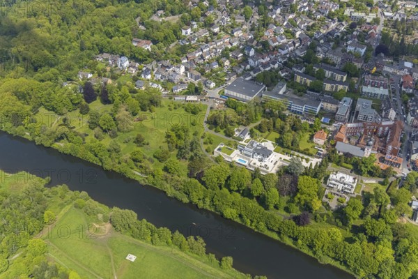 Aerial view, Villa Scheidt am Leinpfad, river Ruhr, Theodor-Heuss-Gymnasium, catholic parish church St. Peter, Kettwig, Essen, Ruhr area, North Rhine-Westphalia, Germany, place of worship, education, educational institution, DE, Europe, religious community, house of worship, grammar school, holy place, church, parish, denomination, educational institute, aerial view, aerial photography, aerial photography, park, religion, religious site, school, cloth factory, overview, villa, bird's-eye view, bird's-eye view, overview