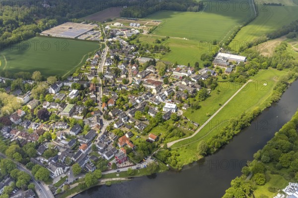 Aerial view, residential area Kettwig in front of the bridge, biogas plant Landsberger Straße, Karrenbergsfeld, castle Landsberg im Wald, Kettwig, Essen, Ruhr area, North Rhine-Westphalia, Germany, DE, Europe, industrial area, commercial area, commercial location, commercial use, property tax, real estate, industrial area, industrial site, aerial view, aerial photography, aerial photography, Menden Buchstaben GmbH, castle, school on the Ruhr, overview, bird's-eye view, residential area, housing and living, residential area, residential buildings, residential quality, residential neighbourhood, housing estate, birds-eyes view, overview