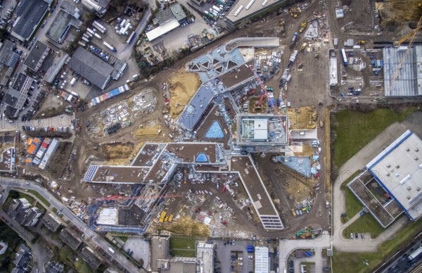 Aerial view, new construction ALDI-Nord Campus, Eckenbergstraße / Am Luftschacht, Essen-Kray, Essen, Ruhr area, North Rhine-Westphalia, Germany, construction work, construction area, building site, building plots, construction crane, construction measure, construction project, construction site, Buderus branch Essen - Bosch Thermotechnik, DE, development, Europe, commercial enterprises, commercial area, commercial park, commercial site, commercial use, industrial site, capacity requirement, aerial view, aerial photography, aerial photography, new construction, overview, bird's-eye view, overview