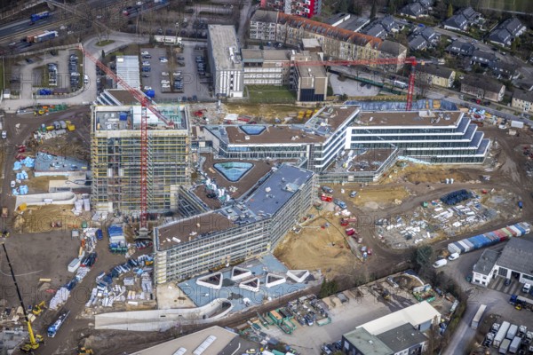 Aerial view, new construction ALDI-Nord Campus, Eckenbergstraße / Am Luftschacht, Essen-Kray, Essen, Ruhr area, North Rhine-Westphalia, Germany, construction work, construction area, building site, building plots, construction crane, construction measure, construction project, construction site, Buderus branch Essen - Bosch Thermotechnik, DE, development, Europe, commercial enterprises, commercial area, commercial park, commercial site, commercial use, industrial site, capacity requirement, aerial view, aerial photography, aerial photography, new construction, overview, bird's-eye view, overview
