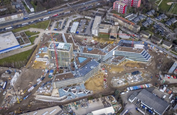 Aerial view, new construction ALDI-Nord Campus, Eckenbergstraße / Am Luftschacht, Essen-Kray, Essen, Ruhr area, North Rhine-Westphalia, Germany, construction work, construction area, building site, building plots, construction crane, construction measure, construction project, construction site, Buderus branch Essen - Bosch Thermotechnik, DE, development, Europe, commercial enterprises, commercial area, commercial park, commercial site, commercial use, industrial site, capacity requirement, aerial view, aerial photography, aerial photography, new construction, overview, bird's-eye view, overview