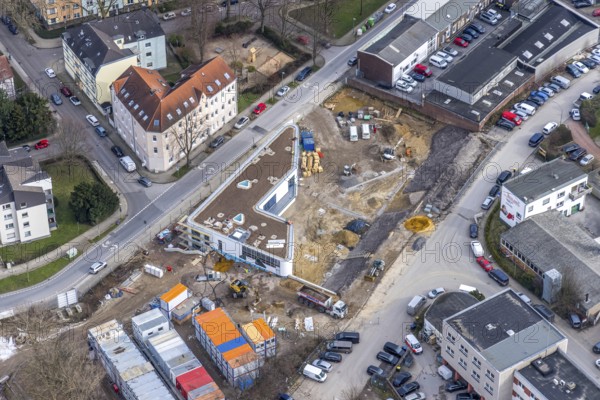 Aerial view, new construction site Eckenbergstraße, Essen-Kray, Essen, Ruhr area, North Rhine-Westphalia, Germany, construction work, construction area, construction site, building plots, construction project, construction site, DE, Europe, aerial view, aerial photography, aerial photography, new construction, overview, bird's-eye view, overview