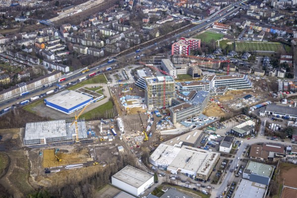 Aerial view, new construction ALDI-Nord Campus, Eckenbergstraße / Am Luftschacht, Essen-Kray, Essen, Ruhr area, North Rhine-Westphalia, Germany, construction work, construction area, building site, building plots, construction crane, construction measure, construction project, construction site, Buderus branch Essen - Bosch Thermotechnik, DE, development, Europe, commercial enterprises, commercial area, commercial park, commercial site, commercial use, industrial site, capacity requirement, aerial view, aerial photography, aerial photography, new construction, overview, bird's-eye view, overview