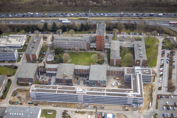 Aerial view, Technology Park Essen TPE on the A40 motorway, TÜV Informationstechnik GmbH group of companies TÜV NORD, Am Technologiepark, Essen-Kray, Essen, Ruhr area, North Rhine-Westphalia, Germany, A40 motorway, DE, development, Europe, commercial enterprises, commercial area, commercial park, commercial location, commercial use, industrial location, capacity requirements, aerial view, aerial photography, aerial photography, new building, technology, TÜV, overview, bird's-eye view, bird's-eye view, overview