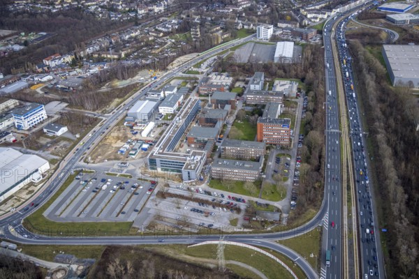 Aerial view, Technology Park Essen TPE on the A40 motorway, TÜV Informationstechnik GmbH group of companies TÜV NORD, Am Technologiepark, Essen-Kray, Essen, Ruhr area, North Rhine-Westphalia, Germany, A40 motorway, DE, development, Europe, commercial enterprises, commercial area, commercial park, commercial location, commercial use, industrial location, capacity requirements, aerial view, aerial photography, aerial photography, new building, technology, TÜV, overview, bird's-eye view, bird's-eye view, overview