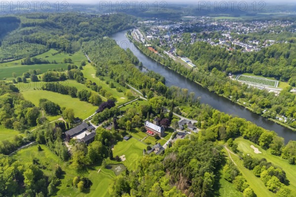 Aerial view, Haus Oefte, Essener Golfclub, Kettwig, Essen, Ruhr area, North Rhine-Westphalia, Germany, DE, Europe, golf, golf course, golf club, golf course, golf meadow, manor house, aerial view, aerial photography, aerial photography, castle, sport, overview, bird's eye view, birds-eyes view, overview