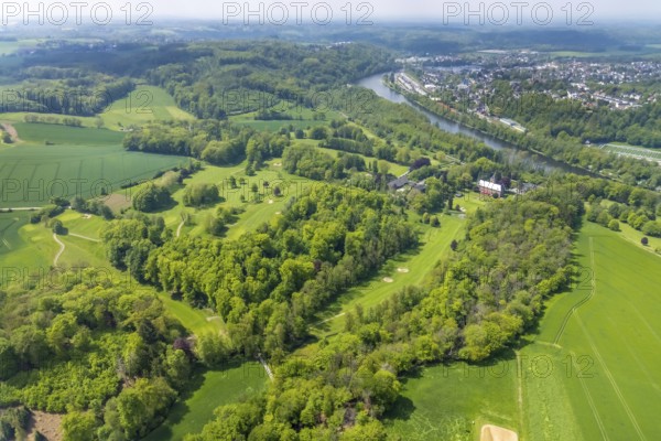 Aerial view, Haus Oefte, Essener Golfclub, Kettwig, Essen, Ruhr area, North Rhine-Westphalia, Germany, DE, Europe, golf, golf course, golf club, golf course, golf meadow, manor house, aerial view, aerial photography, aerial photography, castle, sport, overview, bird's eye view, birds-eyes view, overview