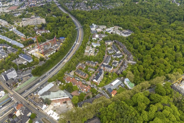 Aerial view, construction site multi-family houses Manfredstraße at the motorway A52, industrial area Heinrich-Held-Straße, Essen-Rüttenscheid, Essen, Ruhr area, North Rhine-Westphalia, Germany, construction work, construction area, construction site, building plots, construction project, construction site, DE, Europe, commercial enterprises, commercial area, commercial area, commercial site, commercial use, industrial area, industrial site, aerial view, aerial photography, aerial photography, apartment buildings, apartment blocks, new build, overview, bird's-eye view, overview