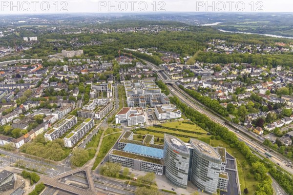 Aerial view, EON Campus, Rüttenscheider Tor, Essen-Rüttenscheid, Essen, Ruhr area, North Rhine-Westphalia, Germany, motorway A52, DE, Europe, commercial enterprises, commercial area, commercial park, commercial location, commercial use, industrial area, industrial location, aerial photograph, aerial photography, aerial photography, overview, bird's-eye view, overview