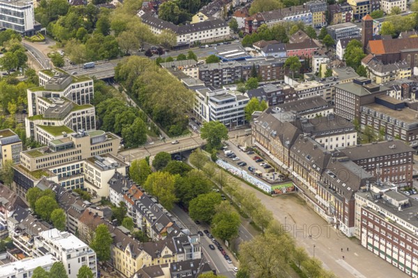 Aerial view, office building Regus - Essen, Grugaplatz, Rüttenscheider Straße bridge, Essen-Rüttenscheid, Essen, Ruhr area, North Rhine-Westphalia, Germany, bridge, DE, Europe, Gruga, Grugaweg, aerial view, aerial photography, aerial photography, overview, bird's-eye view, overview