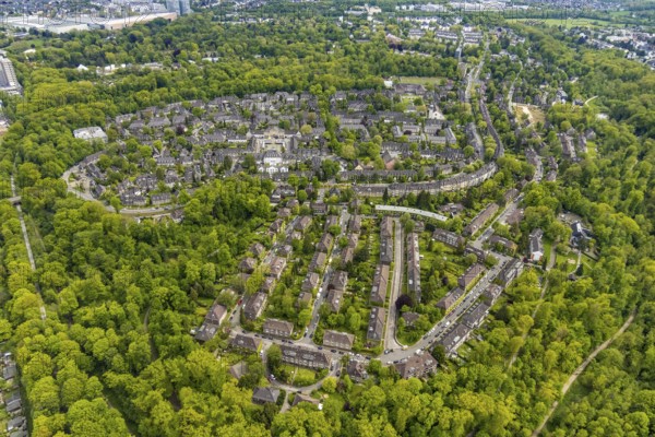 Aerial view, garden city Margarethenhöhe, Essen, Ruhr area, North Rhine-Westphalia, Germany, DE, Europe, property tax, real estate, aerial view, aerial photography, aerial photography, Margarethe Krupp Foundation, overview, bird's-eye view, residential estate, living and living, residential area, residential buildings, residential quality, residential neighbourhood, housing estate, birds-eyes view, overview