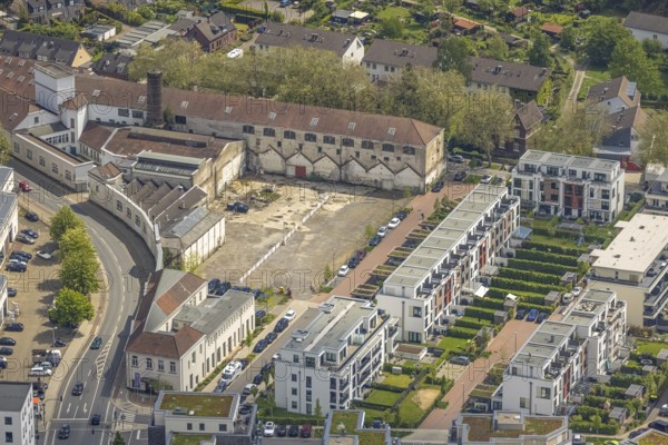 Aerial view, former worsted spinning mill Scheidt, Kettwig, Essen, Ruhr area, North Rhine-Westphalia, Germany, DE, Europe, distant view, commercial area, property tax, real estate, Kettwiger See, aerial view, aerial photography, aerial photography, Ringstraße, cloth factory, overview, bird's-eye view, residential area, housing and living, residential area, residential buildings, housing quality, housing estate, Zanella factory, bird's-eye view, overview