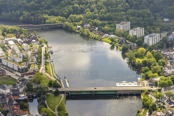 Aerial view, river Ruhr, Kratfwerk and lock at the Ruhr bridge Kettwig and railway bridge Kettwig, Kettwig, Essen, Ruhr area, North Rhine-Westphalia, Germany, bridge, DE, Europe, skyscrapers, aerial view, aerial photography, aerial photography, overview, bird's-eye view, overview