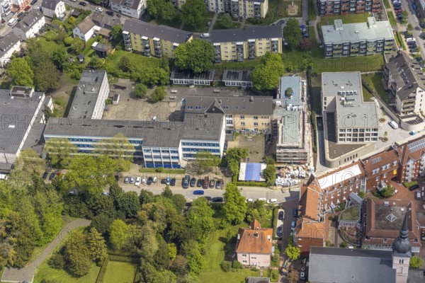 Aerial view, construction site at Theodor-Heuss-Gymnasium, Kettwig, Essen, Ruhr area, North Rhine-Westphalia, Germany, construction work, construction area, construction site, building plots, construction project, construction site, education, educational institution, DE, Europe, grammar school, teaching institute, aerial view, aerial photography, aerial photography, school, overview, bird's-eye view, bird's-eye view, overview