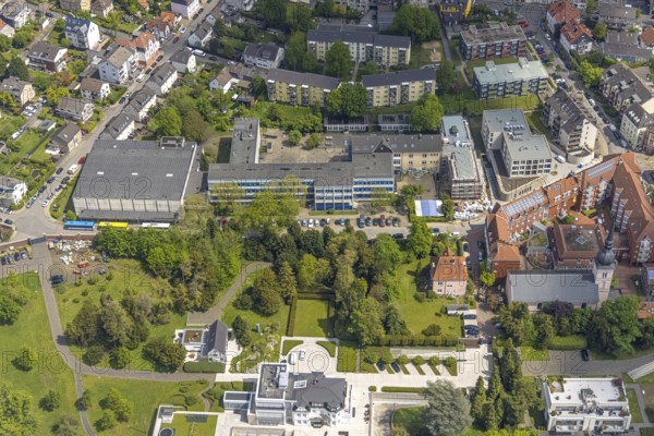 Aerial view, construction site at Theodor-Heuss-Gymnasium, Kettwig, Essen, Ruhr area, North Rhine-Westphalia, Germany, construction work, construction area, construction site, building plots, construction project, construction site, education, educational institution, DE, Europe, grammar school, teaching institute, aerial view, aerial photography, aerial photography, school, overview, bird's-eye view, bird's-eye view, overview