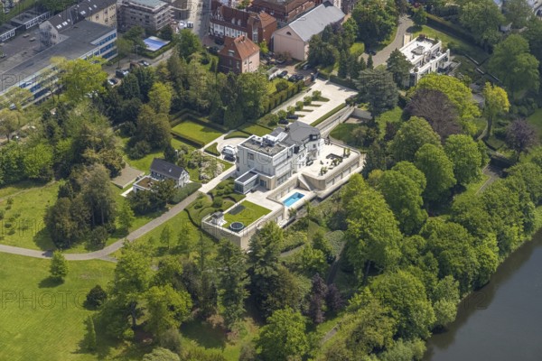 Aerial view, Villa Scheidt am Leinpfad, river Ruhr, Kettwig, Essen, Ruhr area, North Rhine-Westphalia, Germany, DE, Europe, aerial view, aerial photography, aerial photography, cloth factory, overview, villa, bird's eye view, birds-eyes view, overview