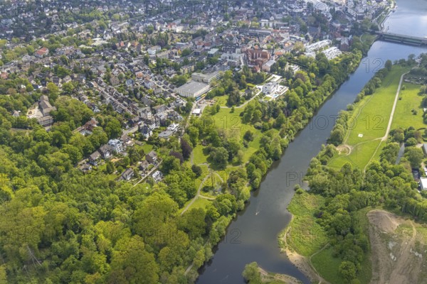 Aerial view, Villa Scheidt am Leinpfad, river Ruhr, Theodor-Heuss-Gymnasium, catholic parish church St. Peter, Kettwig, Essen, Ruhr area, North Rhine-Westphalia, Germany, place of worship, education, educational institution, DE, Europe, religious community, house of worship, grammar school, holy place, church, parish, denomination, educational institute, aerial view, aerial photography, aerial photography, park, religion, religious site, school, cloth factory, overview, villa, bird's-eye view, bird's-eye view, overview
