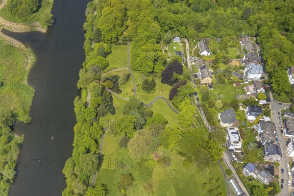 Aerial view, Park Am Möhlenkamp at Villa Scheidt, River Ruhr, Kettwig, Essen, Ruhr area, North Rhine-Westphalia, Germany, DE, Europe, aerial view, aerial photography, aerial photography, park, cloth factory, overview, villa, bird's-eye view, overview
