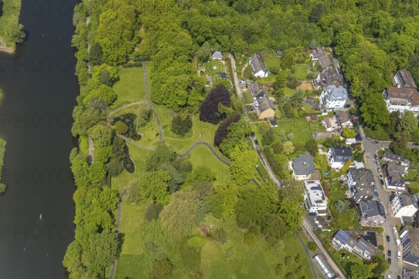 Aerial view, Park Am Möhlenkamp at Villa Scheidt, River Ruhr, Kettwig, Essen, Ruhr area, North Rhine-Westphalia, Germany, DE, Europe, aerial view, aerial photography, aerial photography, park, cloth factory, overview, villa, bird's-eye view, overview