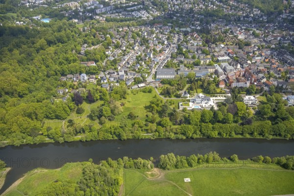 Aerial view, park at the Villa Scheidt on the towpath, river Ruhr, Theodor-Heuss-Gymnasium, catholic parish church St. Peter, Kettwig, Essen, Ruhr area, North Rhine-Westphalia, Germany, place of worship, education, educational institution, DE, Europe, religious community, place of worship, grammar school, holy place, church, parish, denomination, educational institute, aerial view, aerial photography, aerial photography, park, religion, religious site, school, cloth factory, overview, villa, bird's-eye view, bird's-eye view, overview