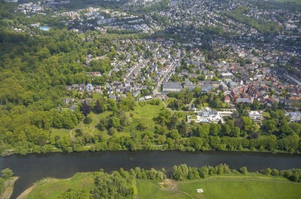 Aerial view, Villa Scheidt am Leinpfad, river Ruhr, Theodor-Heuss-Gymnasium, catholic parish church St. Peter, Kettwig, Essen, Ruhr area, North Rhine-Westphalia, Germany, place of worship, education, educational institution, DE, Europe, religious community, house of worship, grammar school, holy place, church, parish, denomination, educational institute, aerial view, aerial photography, aerial photography, park, religion, religious site, school, cloth factory, overview, villa, bird's-eye view, bird's-eye view, overview
