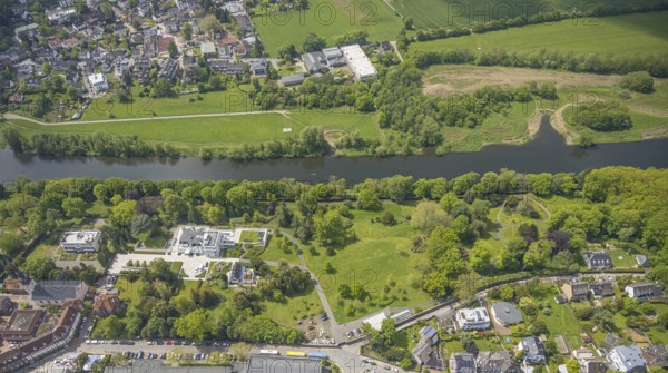 Aerial view, Villa Scheidt am Leinpfad, river Ruhr, Kettwig, Essen, Ruhr area, North Rhine-Westphalia, Germany, DE, Europe, aerial view, aerial photography, aerial photography, park, cloth factory, overview, villa, bird's eye view, birds-eyes view, overview