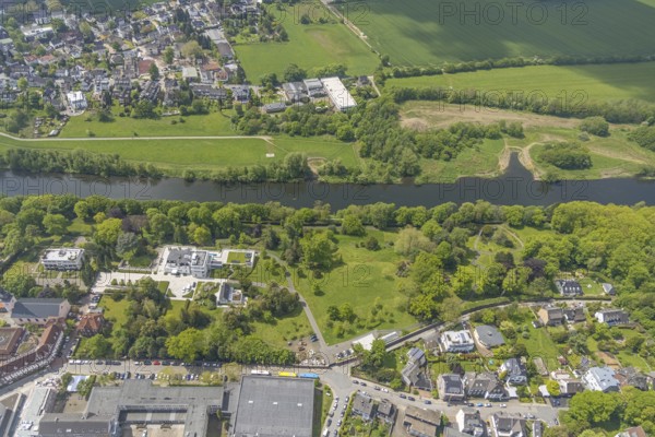 Aerial view, Villa Scheidt am Leinpfad, river Ruhr, Kettwig, Essen, Ruhr area, North Rhine-Westphalia, Germany, DE, Europe, aerial view, aerial photography, aerial photography, park, cloth factory, overview, villa, bird's eye view, birds-eyes view, overview