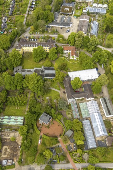 Aerial view, Grugapark, Botanical Garden of the University of Duisburg / Essen, Horticultural Centre in Grugapark of the Chamber of Agriculture of North Rhine-Westphalia, Rose Garden, Essen-Rüttenscheid, Essen, Ruhr area, North Rhine-Westphalia, Germany, Botanical Garden, DE, Europe, garden, aerial view, aerial photography, aerial photography, overview, bird's-eye view, overview, Horticultural Training Centre Essen of the Chamber of Agriculture of North Rhine-Westphalia