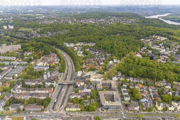 Aerial view, Bredeneyer Tor, construction site apartment buildings Manfredstraße at the motorway A52, Essen-Rüttenscheid, Essen, Ruhr area, North Rhine-Westphalia, Germany, construction work, construction area, building site, building plots, construction project, construction site, DE, Europe, commercial enterprises, commercial area, commercial area, commercial site, commercial use, industrial area, industrial site, aerial view, aerial photography, aerial photography, apartment buildings, apartment blocks, new building, overview, bird's-eye view, overview
