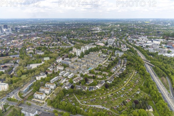 Aerial view, new construction Parc Dunant, residential neighbourhood, Henri-Dunant-Straße, allotment garden Vöcklinger Feld, Essen-Rüttenscheid, Essen, Ruhr area, North Rhine-Westphalia, Germany, construction area, building site, building plots, construction project, construction site, DE, development, Europe, property tax, high-rise buildings, real estate, capacity requirements, aerial view, aerial photography, aerial photography, new construction, new construction area, overview, bird's-eye view, growth, becoming and growing, residential complex, living and living, residential area, residential buildings, residential quality, residential neighbourhood, housing estate, birds-eyes view, overview