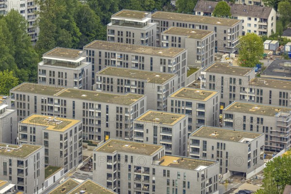 Aerial view, new construction, construction area Parc Dunant, residential quarter, Henri-Dunant-Straße, Essen-Rüttenscheid, Essen, Ruhr area, North Rhine-Westphalia, Germany, construction area, building site, building plots, construction project, construction site, DE, development, Europe, property tax, high-rise buildings, real estate, capacity requirement, aerial view, aerial photography, aerial photography, new construction, new development area, overview, bird's-eye view, growth, becoming and growing, housing estate, living and living, residential area, residential buildings, residential quality, residential neighbourhood, housing estate, birds-eyes view, overview