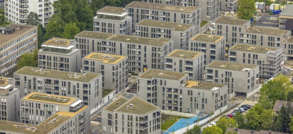 Aerial view, new construction, construction area Parc Dunant, residential quarter, Henri-Dunant-Straße, Essen-Rüttenscheid, Essen, Ruhr area, North Rhine-Westphalia, Germany, construction area, building site, building plots, construction project, construction site, DE, development, Europe, property tax, high-rise buildings, real estate, capacity requirement, aerial view, aerial photography, aerial photography, new construction, new development area, overview, bird's-eye view, growth, becoming and growing, housing estate, living and living, residential area, residential buildings, residential quality, residential neighbourhood, housing estate, birds-eyes view, overview