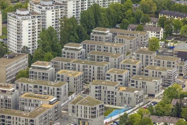 Aerial view, new construction, construction area Parc Dunant, residential quarter, Henri-Dunant-Straße, Essen-Rüttenscheid, Essen, Ruhr area, North Rhine-Westphalia, Germany, construction area, building site, building plots, construction project, construction site, DE, development, Europe, property tax, high-rise buildings, real estate, capacity requirement, aerial view, aerial photography, aerial photography, new construction, new development area, overview, bird's-eye view, growth, becoming and growing, housing estate, living and living, residential area, residential buildings, residential quality, residential neighbourhood, housing estate, birds-eyes view, overview