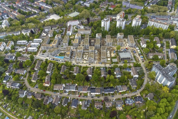 Aerial view, new construction, construction area Parc Dunant, residential quarter, Henri-Dunant-Straße, Essen-Rüttenscheid, Essen, Ruhr area, North Rhine-Westphalia, Germany, construction area, building site, building plots, construction project, construction site, DE, development, Europe, property tax, high-rise buildings, real estate, capacity requirement, aerial view, aerial photography, aerial photography, new construction, new development area, overview, bird's-eye view, growth, becoming and growing, housing estate, living and living, residential area, residential buildings, residential quality, residential neighbourhood, housing estate, birds-eyes view, overview