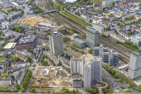 Aerial view, demolition of the Ypsilon-Haus of the RWE headquarters Essen in Huyssenallee, planned new building for office campus, Südviertel, Essen, Ruhr area, North Rhine-Westphalia, Germany, demolition work, construction work, construction area, construction site, construction project, construction site, office complex, DE, energy company, Europe, aerial view, aerial photography, aerial photography, overview, bird's-eye view, birds-eyes view, overview