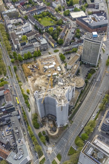 Aerial view, demolition of the Ypsilon-Haus of the RWE headquarters Essen in Huyssenallee, planned new building for office campus, Südviertel, Essen, Ruhr area, North Rhine-Westphalia, Germany, demolition work, construction work, construction area, construction site, construction project, construction site, office complex, DE, energy company, Europe, aerial view, aerial photography, aerial photography, overview, bird's-eye view, birds-eyes view, overview