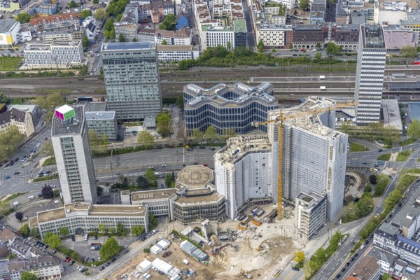 Aerial view, demolition of the Ypsilon-Haus of the RWE headquarters Essen in Huyssenallee, planned new building for office campus, Südviertel, Essen, Ruhr area, North Rhine-Westphalia, Germany, demolition work, construction work, construction area, construction site, construction project, construction site, office complex, DE, energy company, Europe, aerial view, aerial photography, aerial photography, overview, bird's-eye view, birds-eyes view, overview