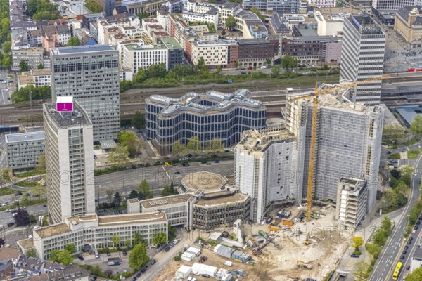 Aerial view, demolition of the Ypsilon-Haus of the RWE headquarters Essen in Huyssenallee, planned new building for office campus, Südviertel, Essen, Ruhr area, North Rhine-Westphalia, Germany, demolition work, construction work, construction area, construction site, construction project, construction site, office complex, DE, energy company, Europe, aerial view, aerial photography, aerial photography, overview, bird's-eye view, birds-eyes view, overview