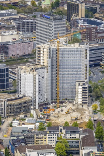 Aerial view, demolition of the Ypsilon-Haus of the RWE headquarters Essen in Huyssenallee, planned new building for office campus, Südviertel, Essen, Ruhr area, North Rhine-Westphalia, Germany, demolition work, construction work, construction area, construction site, construction project, construction site, office complex, DE, energy company, Europe, aerial view, aerial photography, aerial photography, overview, bird's-eye view, birds-eyes view, overview