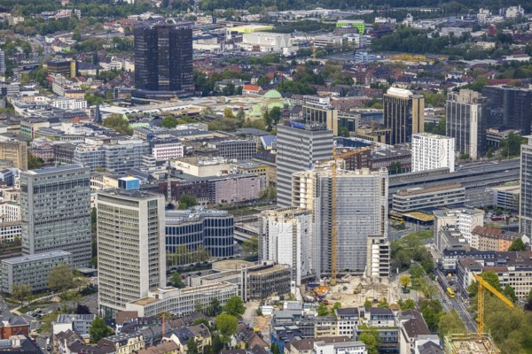 Aerial view, demolition of the Ypsilon-Haus of the RWE headquarters Essen in Huyssenallee, planned new building for office campus, Südviertel, Essen, Ruhr area, North Rhine-Westphalia, Germany, demolition work, construction work, construction area, construction site, construction project, construction site, office complex, DE, energy company, Europe, aerial view, aerial photography, aerial photography, overview, bird's-eye view, birds-eyes view, overview