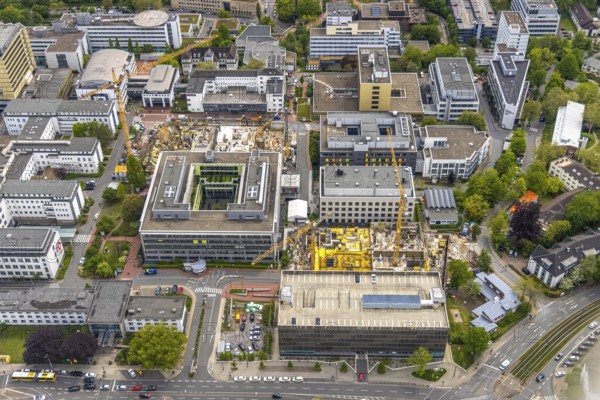 Aerial view, University Hospital Essen, construction site at the building institute group 1, canteen campus hospital, Essen-Holsterhausen, Essen, Ruhr area, North Rhine-Westphalia, Germany, construction work, construction area, construction site, building plots, construction project, construction site, DE, Europe, LLZ, Teaching and Learning Centre of the Medical Faculty of the University of Duisburg-Essen, aerial view, aerial photography, aerial photography, new building, overview, university hospital, bird's-eye view, bird's-eye view, overview