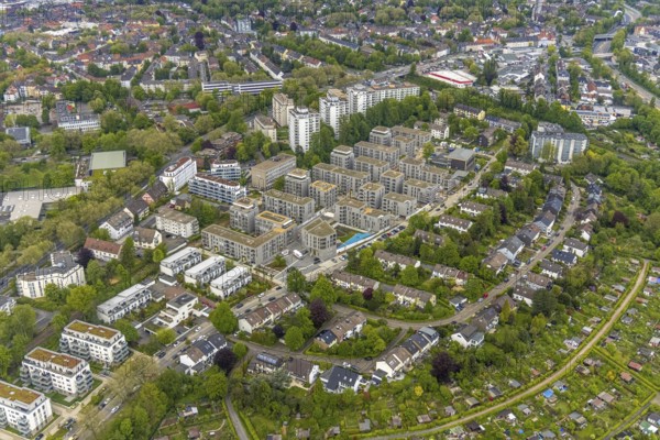 Aerial view, new construction, construction area Parc Dunant, residential quarter, Henri-Dunant-Straße, Essen-Rüttenscheid, Essen, Ruhr area, North Rhine-Westphalia, Germany, construction area, building site, building plots, construction project, construction site, DE, development, Europe, property tax, high-rise buildings, real estate, capacity requirement, aerial view, aerial photography, aerial photography, new construction, new development area, overview, bird's-eye view, growth, becoming and growing, housing estate, living and living, residential area, residential buildings, residential quality, residential neighbourhood, housing estate, birds-eyes view, overview
