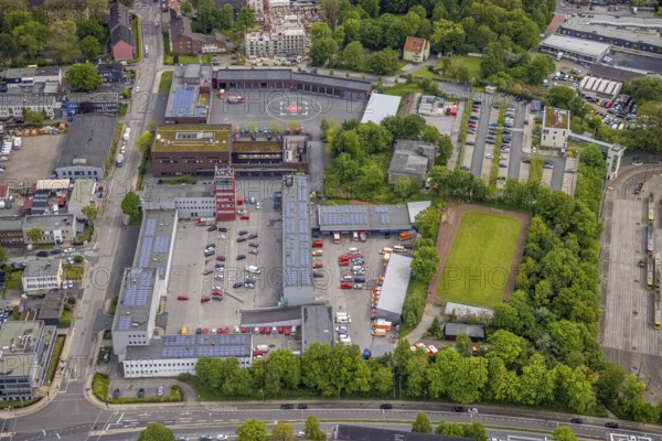 Aerial photo, fire brigade Essen, eastern district, Essen, Ruhr area, North Rhine-Westphalia, Germany, fire fighters, fire protection, DE, Europe, fire station, fire brigade, helipad, aerial photo, aerial photography, aerial photography, photovoltaics, photovoltaic system, rescue station, solar, solar system, solar energy, solar power, overview, bird's-eye view, overview