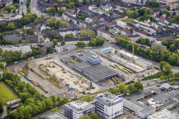 Aerial view, construction site of new hall at Ruhrbahn GmbH depot, Ostviertel, Essen, Ruhr area, North Rhine-Westphalia, Germany, depot, buses, DE, Europe, aerial view, aerial photography, aerial photography, tram, overview, bird's-eye view, overview