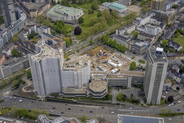 Aerial view, demolition of Ypsilon-Haus of RWE headquarters Essen in Huyssenallee, planned new building for office campus, Südviertel, Essen, Ruhr area, North Rhine-Westphalia, Germany, demolition work, construction work, construction area, construction site, building plots, construction project, construction site, office complex, DE, energy company, Europe, aerial view, aerial photography, aerial photography, overview, bird's eye view, birds-eyes view, overview