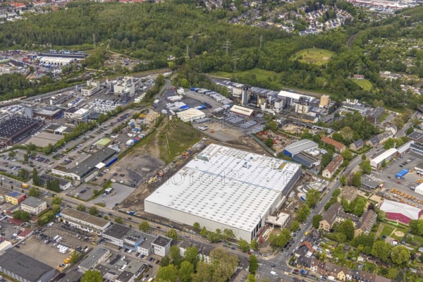 Aerial view, new building and construction site at the corner of Burggrafenstraße and Elisenstraße, Ostviertel, Essen, Ruhr area, North Rhine-Westphalia, Germany, construction work, construction area, building site, building plots, construction project, construction site, DE, Europe, aerial view, aerial photography, aerial photography, new building, overview, bird's-eye view, former coal mine, overview