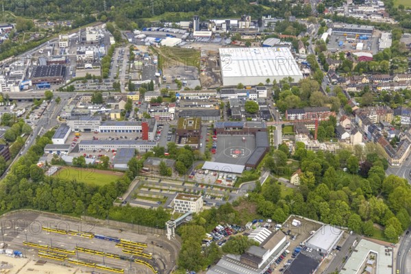 Aerial view, new building and construction site at the corner of Burggrafenstraße and Elisenstraße, Ostviertel, Essen, Ruhr area, North Rhine-Westphalia, Germany, construction work, construction area, construction site, building plots, construction project, construction site, DE, Europe, fire brigade, helipad, aerial view, aerial photography, aerial photography, new building, overview, bird's-eye view, former coal mine, overview