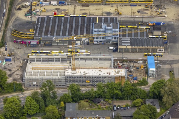 Aerial view, construction site, new hall construction Ruhrbahn depot, Ostviertel, Essen, Ruhr area, North Rhine-Westphalia, Germany, construction work, construction area, construction site, building plots, construction project, construction site, bus station, DE, Europe, aerial view, aerial photography, aerial photography, new construction, tramway, overview, bird's-eye view, overview